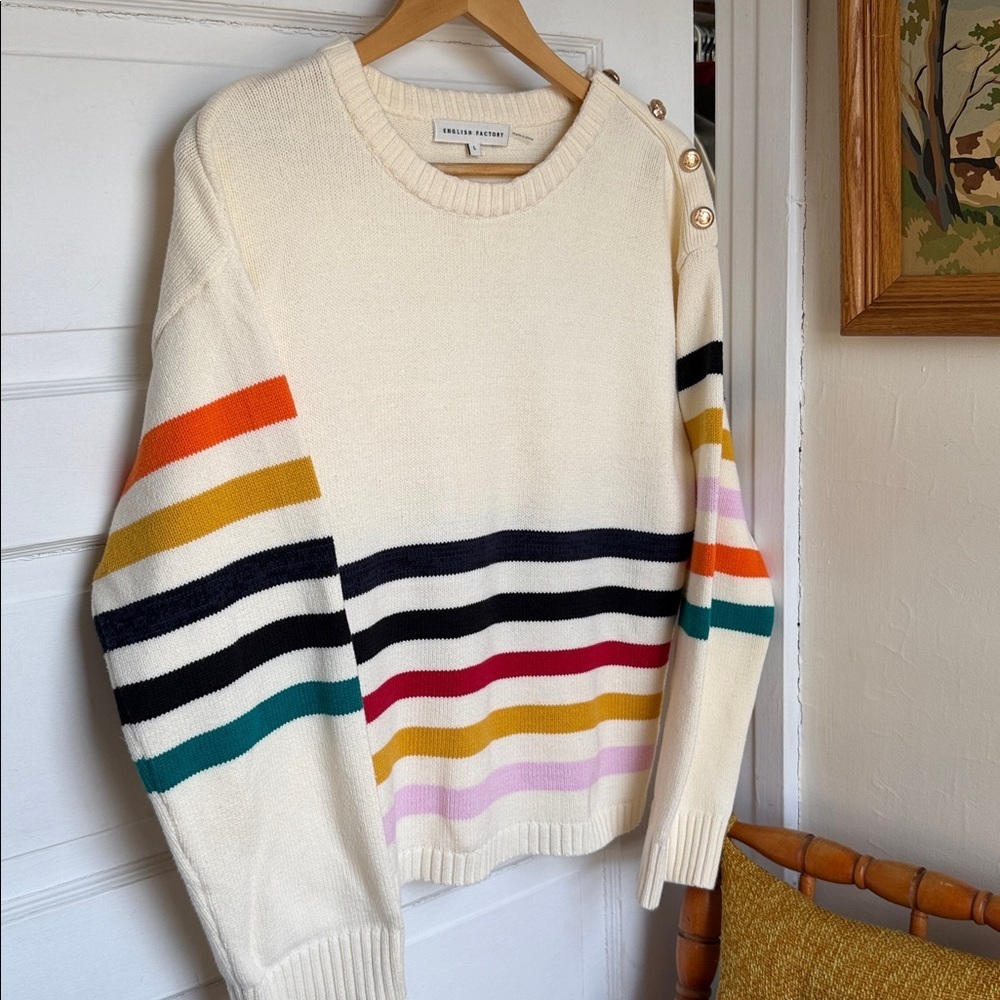 Striped Gold Button Sweater Coastal Preppy Nautical Knit English Factory EUC L